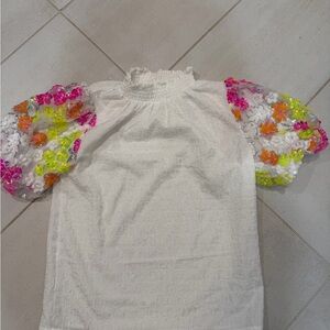 Elegant White Blouse with Floral Puff Sleeves